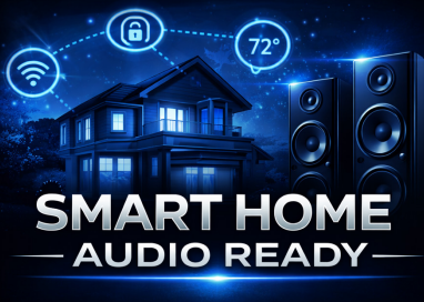 Smart home audio ready illustration showing a connected house and speakers