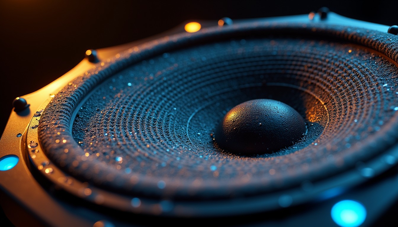 Close-up of a precision speaker driver lit with blue and amber light