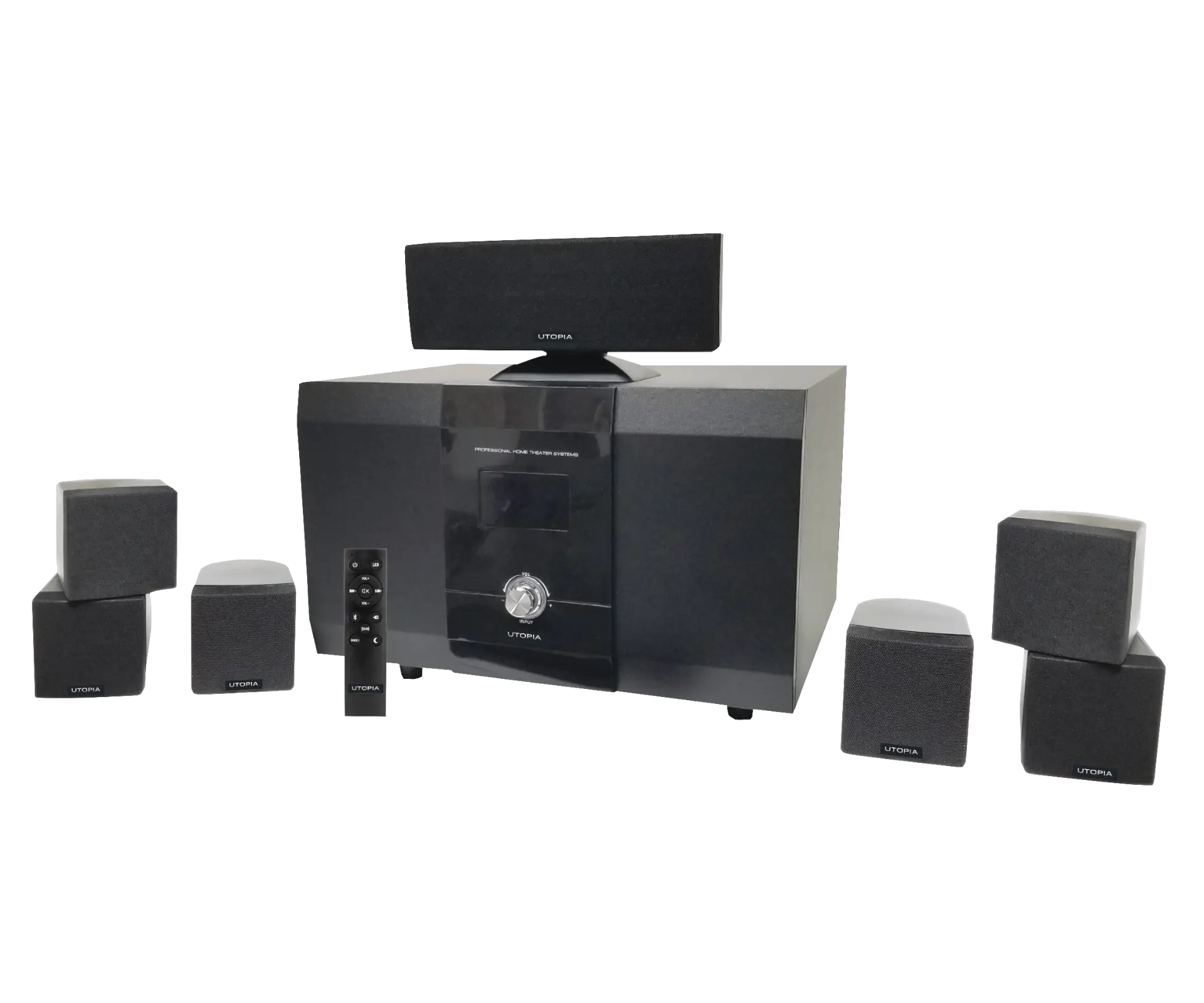 Utopia III Evo Series 1000 home theater system with receiver, center channel, satellite speakers and remote