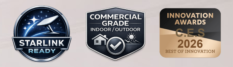 Starlink Ready, Commercial Grade Indoor/Outdoor, and CES 2026 Innovation Awards Best of Innovation badges