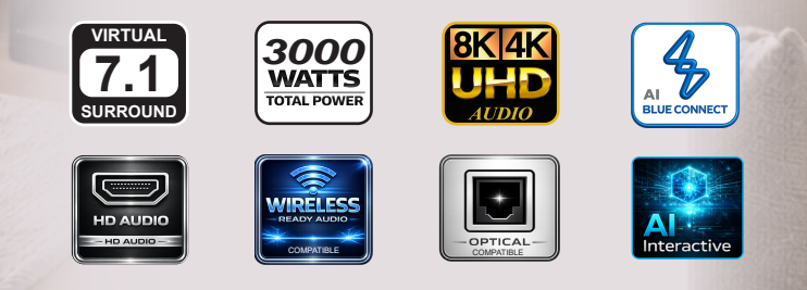Utopia LCR 1000 Series feature icons including virtual 7.1 surround, 3000 watts total power and AI interactive